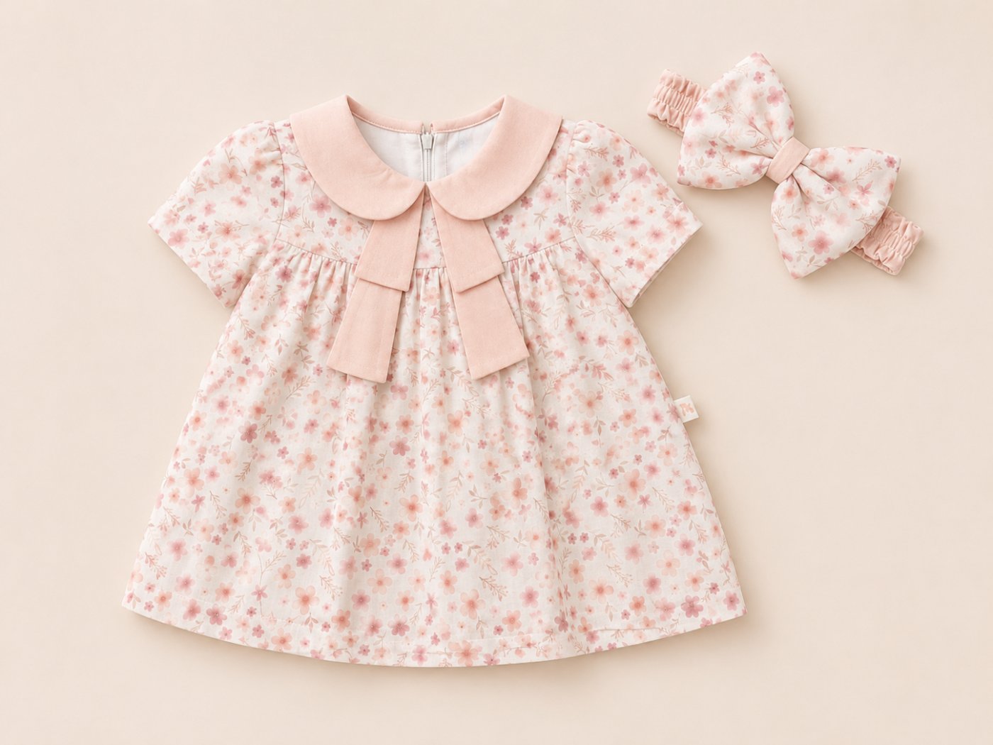 A charming girls’ floral dress featuring a classic collar and an elegant front bow. Comes with a matching headband
