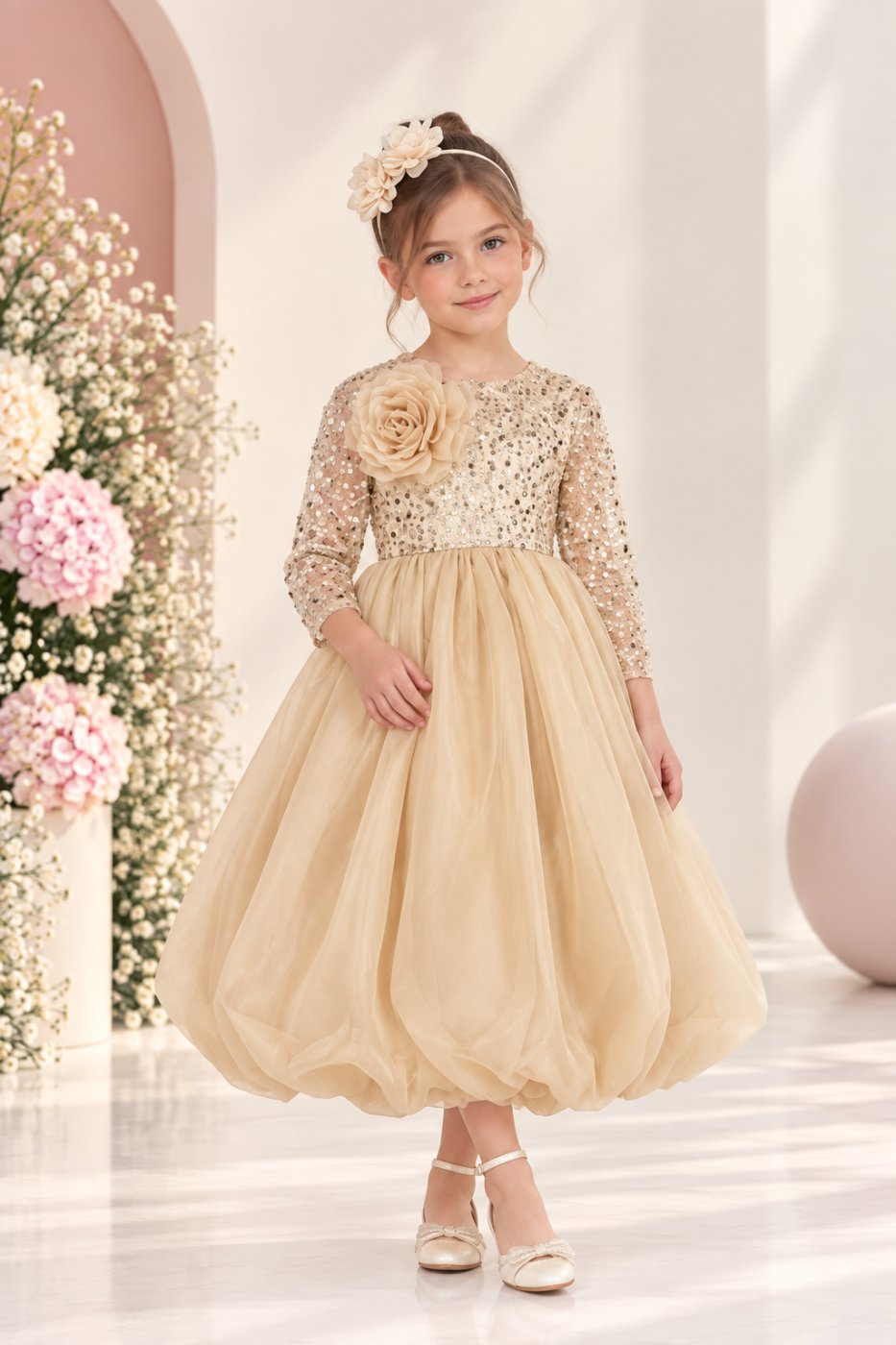 Champagne Sequin & Tulle Occasion Dress with Hairband