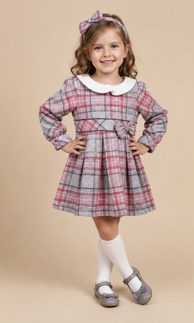Girls’ Elegant Plaid Dress with Matching Bow Headband