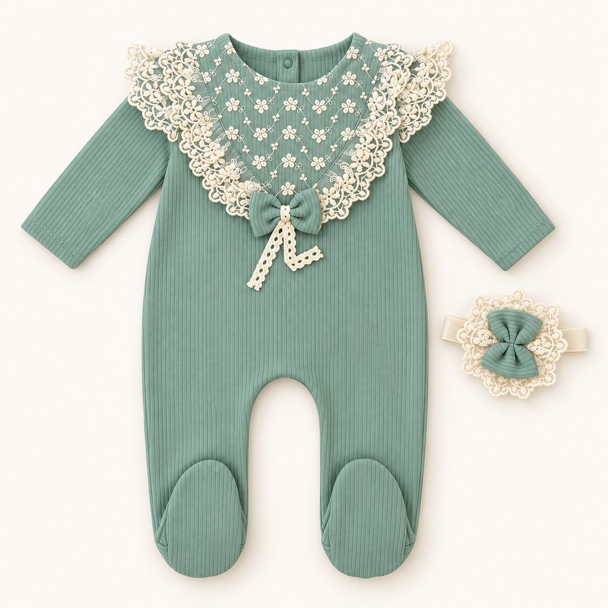 Baby Girls’ Lace Romper with Matching Hair Accessory