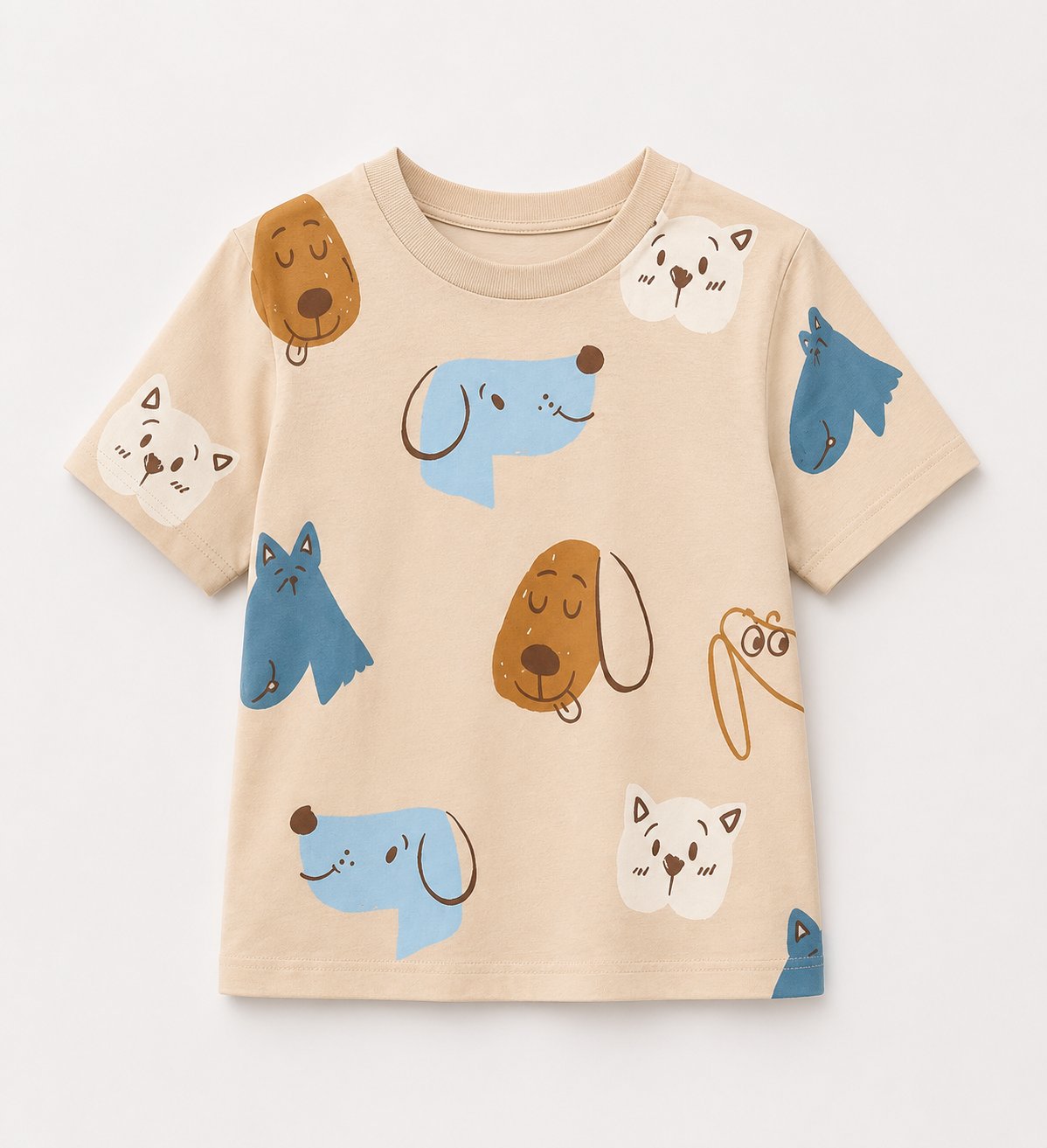 A playful kids’ T-shirt featuring adorable animal face prints in soft, modern colors