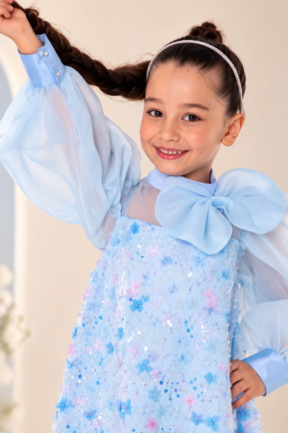 Blue Floral Embellished Girls’ Dress