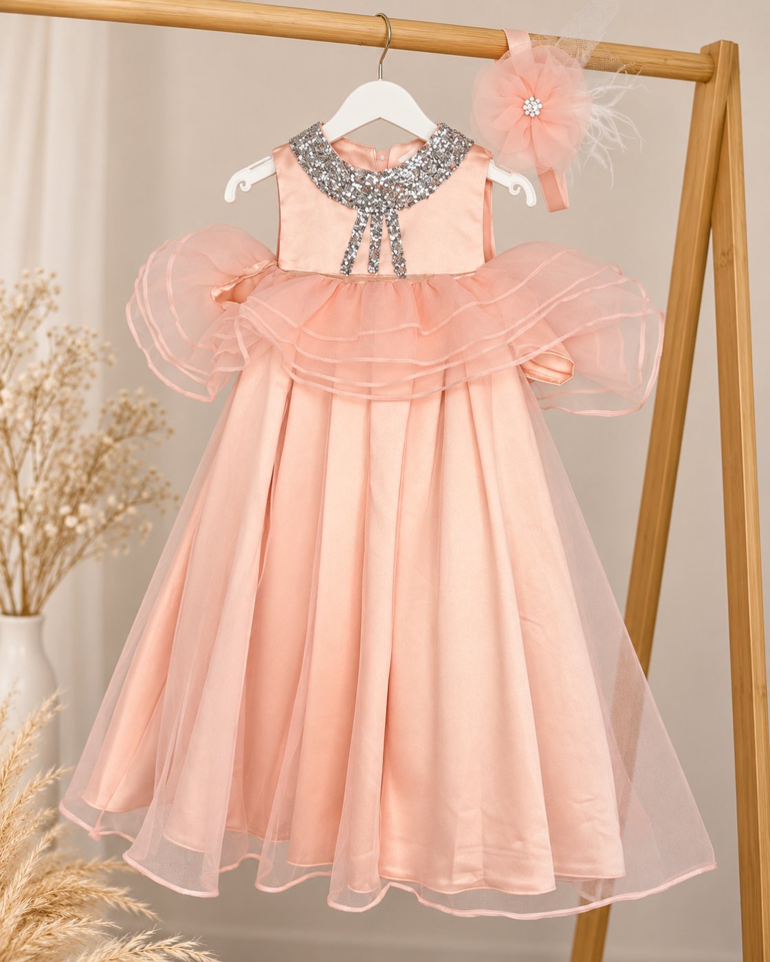 Girls’ Elegant Tulle & Sequin Dress with Hair Accessory