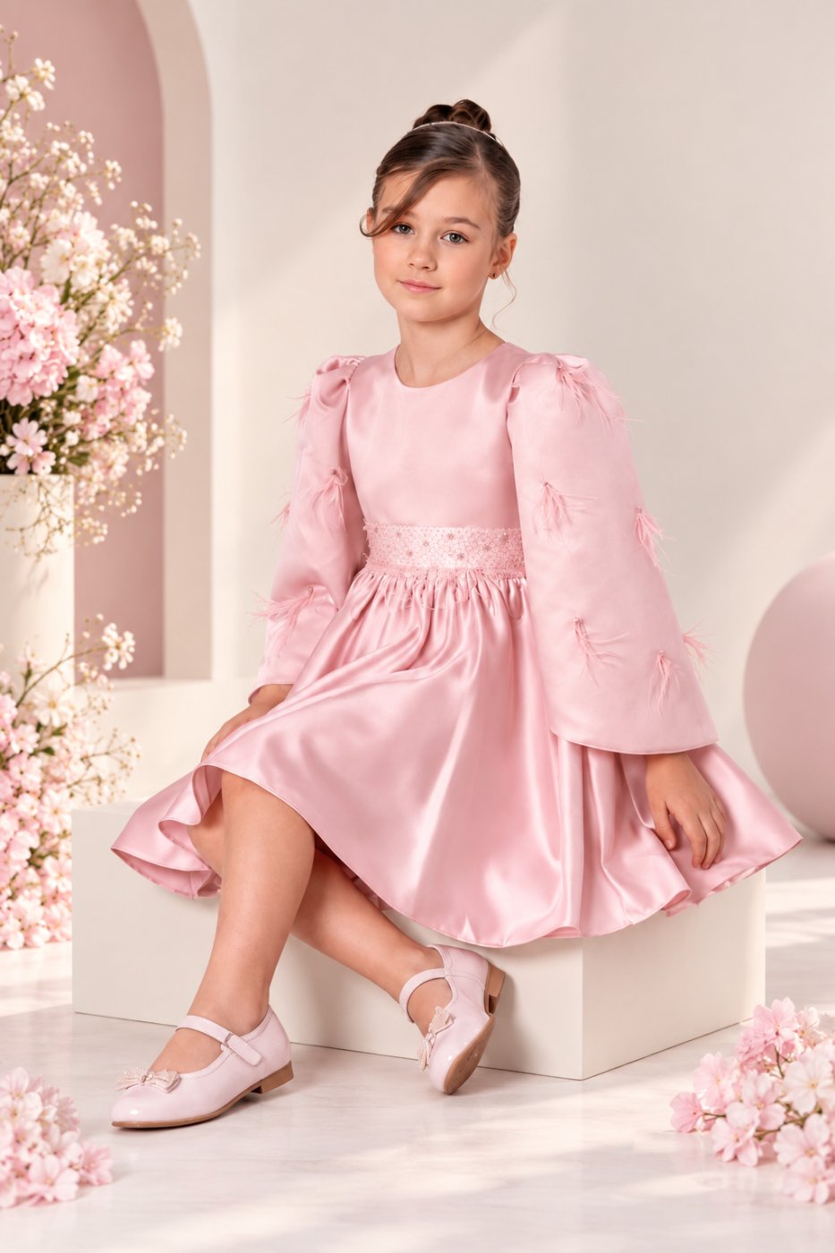 Pink Satin Dress with Feather Details