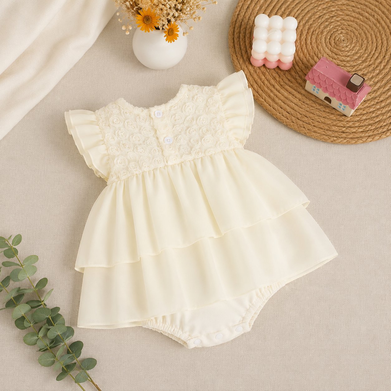 An elegant off-white baby dress