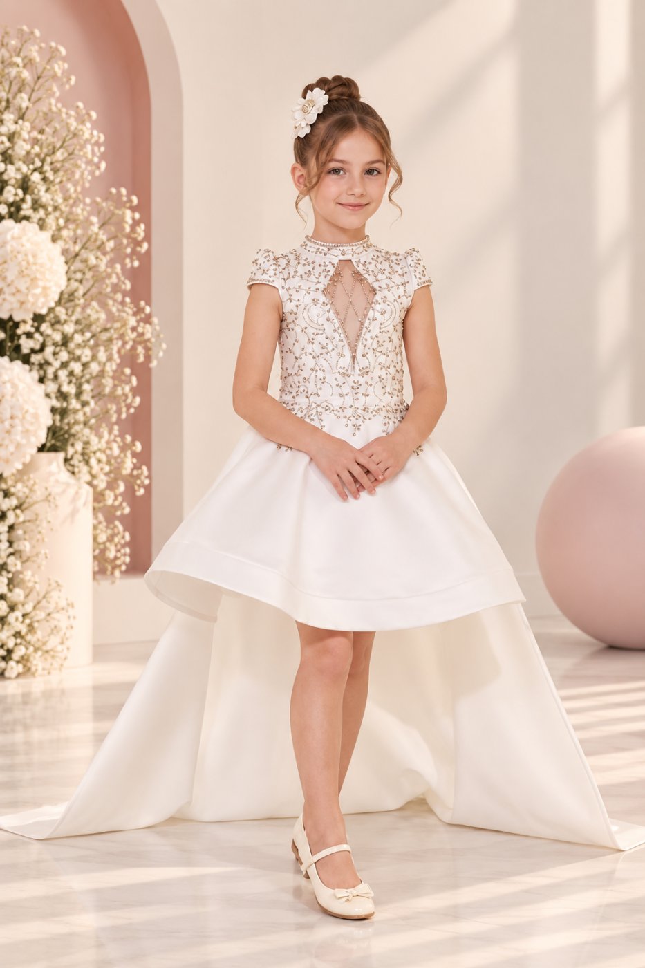 Luxury Ivory Embellished High-Low Dress with Long Train