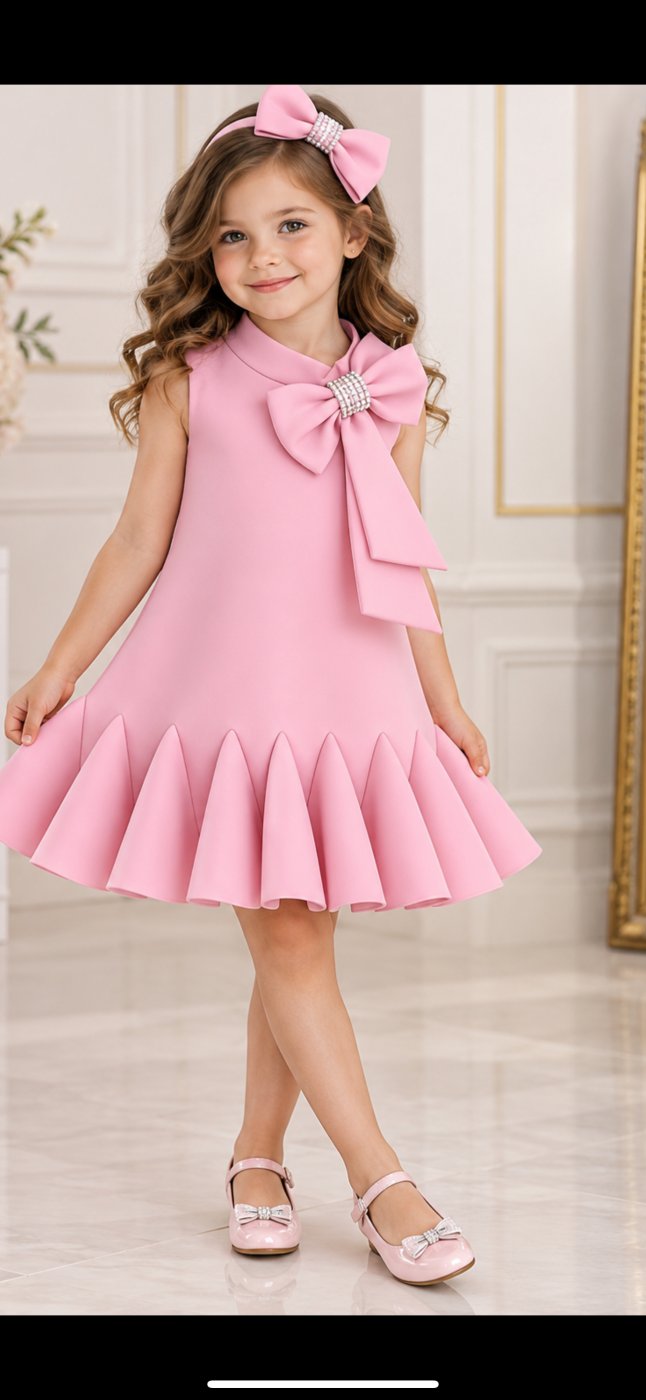 Girls’ Elegant Pink Statement Bow Dress