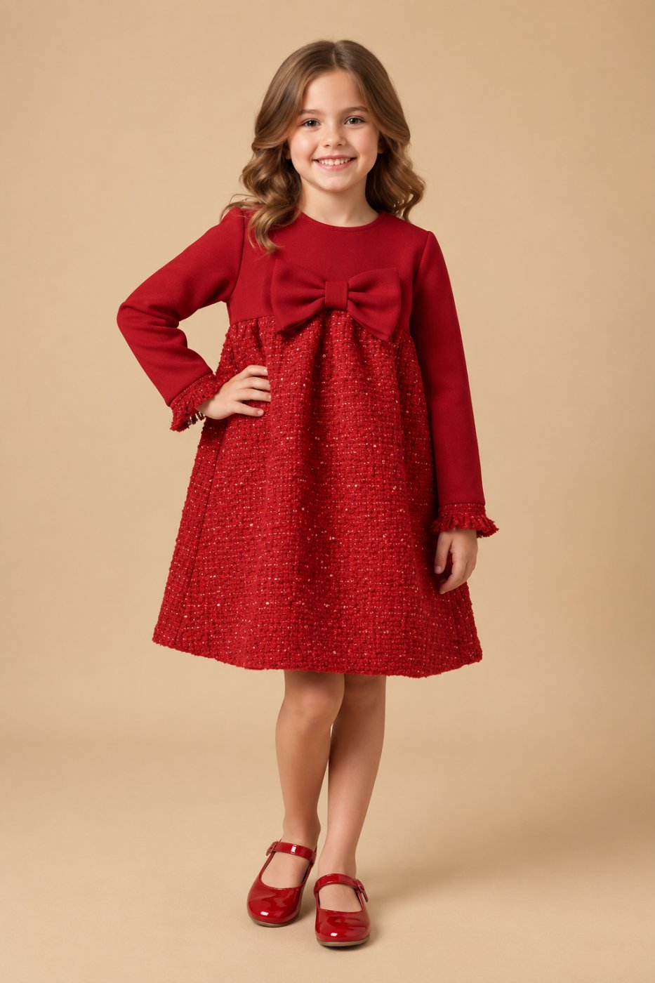 Girls’ Elegant Winter Bow Dress
