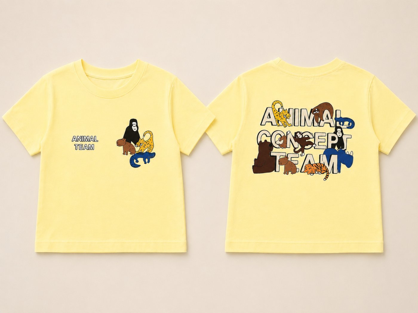 A fun Animal Team kids’ T-shirt featuring playful animal graphics on both the front and back
