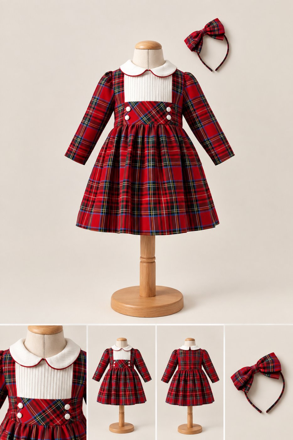 Girls’ Elegant Plaid Dress with Matching Headband or fionka
