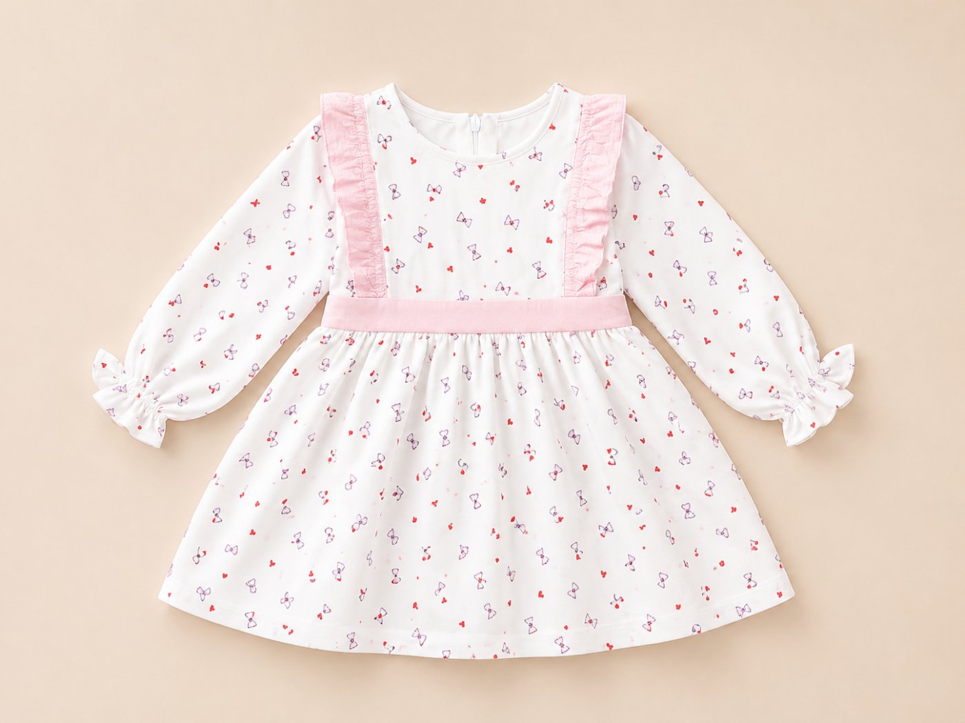 A charming girls’ dress featuring a delicate bow and heart print
