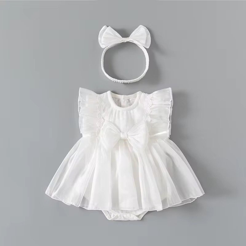 Elegant baby romper dress with a soft tulle skirt and a matching headband, designed for a charming and comfortable look